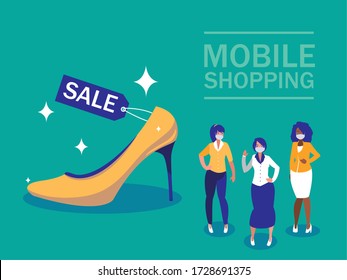 Women with masks and heel design of Mobile shopping online ecommerce and covid 19 virus theme Vector illustration