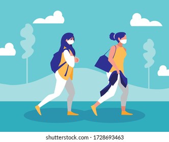 Women with masks outside design of Covid 19 virus theme Vector illustration
