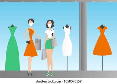Women in masks with shopping bags in boutique. Vector illustration.