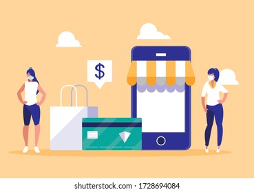 Women with masks and smartphone design of Mobile shopping online ecommerce and covid 19 virus theme Vector illustration