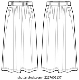 Women maxi Skirt flat sketch illustration, Womens long  skirt font and back view technical drawing vector illustration