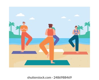 Mujeres mediando yoga en la playa, en paz con la naturaleza. Diseño de personajes. Ilustración plana de Vector