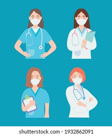 women medical doctors staff set