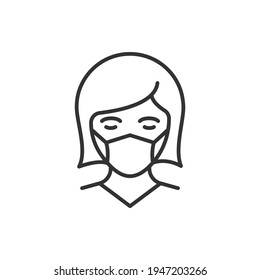 Women in medical facemask line icon isolated on white background. Vector illustration