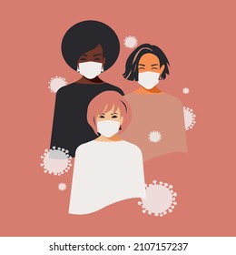 Women in medical masks of different nationalities and religions. Female solidarity. Coronavirus quarantine concept on pink background. People experience joy that they live and are healthy. Vector.