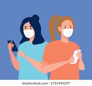 Women with medical masks holding smartphone design of Covid 19 virus theme Vector illustration