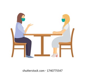 women in medical maskssitting at a cafe table. side view. flat vector illustration