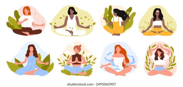 Women meditate in yoga lotus position set. Happy female characters training calm and tranquil mind balance, harmony and zen spirit in peaceful spiritual yogi pose cartoon vector illustration