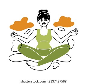 Women meditating concept. Girl sits in lotus apose among clouds. Person relaxes. Search for yourself, insight and search for ideas. Calmness and emotional recovery. Cartoon flat vector illustration