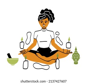 Women meditating concept. Girl sits in lotus position surrounded by candles. Myristic ritual, intangible energy. Asana, stretching and flexibility, concentration. Cartoon flat vector illustration