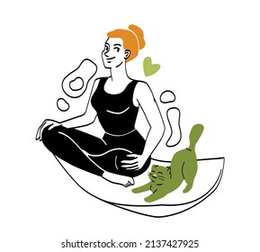 Women meditating concept. Girl sits in lotus position with cat, hostess and pet. Park and outdoor recreation. Stretch and flexibility. Meditation and concentration. Cartoon flat vector illustration