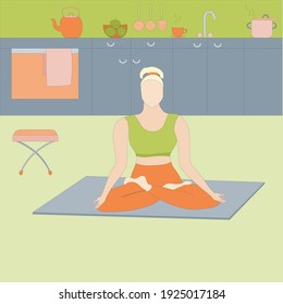 Women Meditating In Lotus Asana On A Mat In The Kitchen. Kitchen Furniture At The Background. Concept Of An Accessibility Of The Yoga And Meditation Even For Busy Home Life. Flat Vector Illustration.