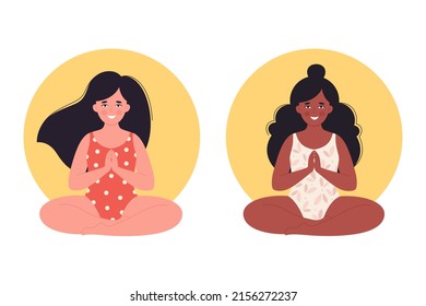 Women meditating in lotus pose. Healthy lifestyle, yoga, relax, breathing exercise. World yoga day. Hand drawn vector illustration