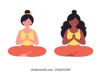Women meditating in lotus pose. Healthy lifestyle, yoga, relax, breathing exercise. World yoga day. Hand drawn vector illustration
