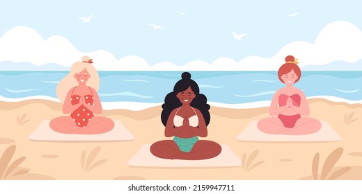 Women meditating on the beach. Hello summer, summer leisure, vacation. Healthy lifestyle, self care, yoga, meditation. Hand drawn vector illustration