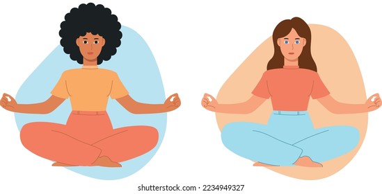 Women meditating together. Relaxing and self-care moment. Diversity.
