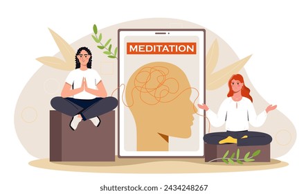 Mujeres con concepto de meditación. Niñas sentadas en posición de loto. Estiramiento y estilo de vida activo. Fitness y deporte. Conciencia y atención plena. Ilustración de vector plano de dibujos animados