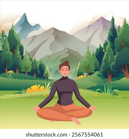 A women meditation in forest place, meditation in jungle, mountain trees meditation in calm place for relaxation and focus for something.