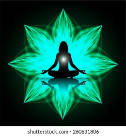 women meditation on green abstract background. yoga.