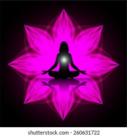 women meditation on purple abstract background. yoga.