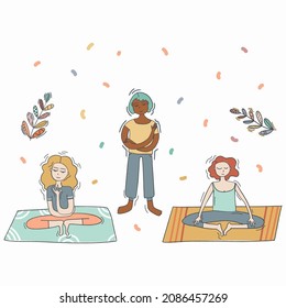 Women meditation set with tea, book, flowers and leaves. Concept illustration for yoga, meditation, relax, recreation, healthy lifestyle. Vector illustration in cartoon style

