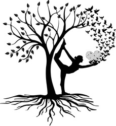 Women Meditation With Tree , Bird And Music , Tree Of Life Meditation Women Bird And Music Meditation, Meditation Vector 
