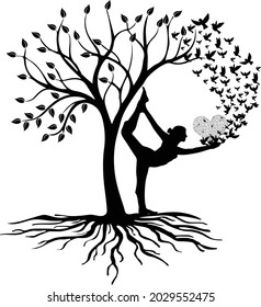 Frauen Meditation mit Baum , Vogel und Musik , Baum der Meditation Frauen Vogel und Musik Meditation, Meditation Vektorgrafik 