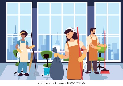 women and men with apron in cleaning service vector illustration desing