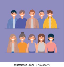 Women and men avatars cartoons smiling on purple background design, Person people and human theme Vector illustration