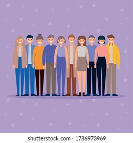 Women and men avatars cartoons smiling on purple background design, Person people and human theme Vector illustration