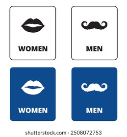 Women and men bathroom banner with drawings of mouth and moustache on a white and blue background