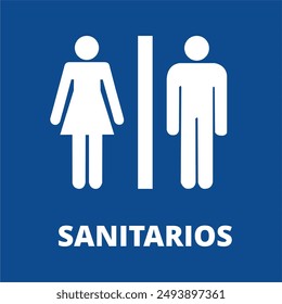 Women and men bathroom banner on a blue background (trad. bathroom)