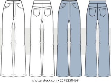 Women men blue jeans. Boot Cut Denim, Flared denim, Jeans Front and Back View fashion illustration vector, CAD, technical drawing, flat drawing.