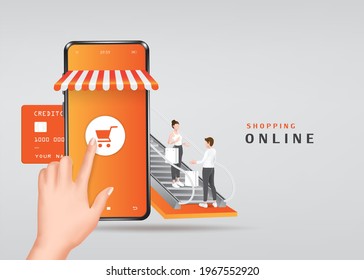 Women and men carrying shopping bags are going up the mall escalator to go shopping. And hands are pressing online shopping with a smartphone application,shopping online concept,vector 3d isolated