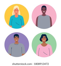 women and men cartoons in circles design, diversity people multicultural friends and multiethnic theme Vector illustration