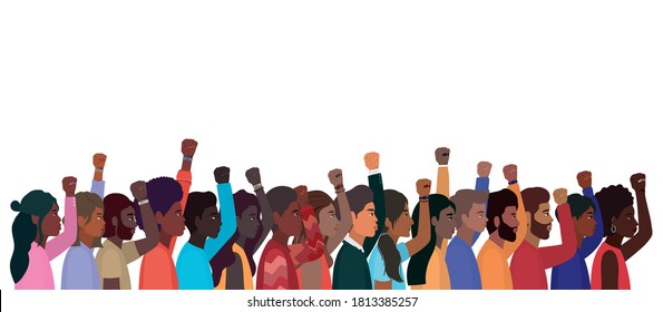 women and men cartoons with fist up in side view design, Manifestation protest and demonstration theme Vector illustration