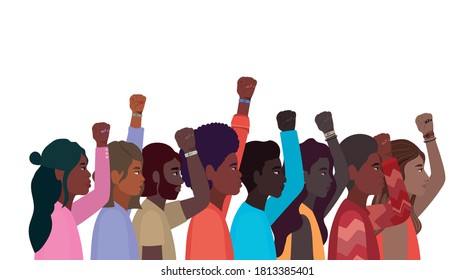women and men cartoons with fist up in side view design, Manifestation protest and demonstration theme Vector illustration