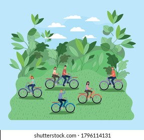 women and men cartoons riding bikes and leaves at park design, Nature outdoor and season theme Vector illustration