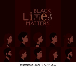 women and men cartoons in side view with black lives matters text design of Protest justice and racism theme Vector illustration