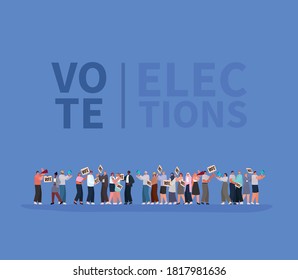 Women and men cartoons with vote banners and megaphones on blue background design, Vote elections day theme Vector illustration