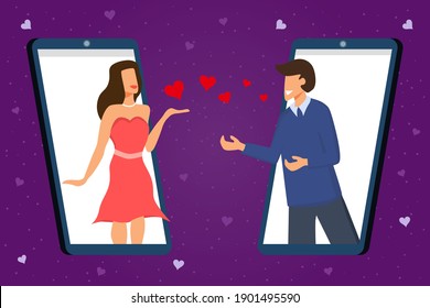 Women and men celebrate Valentines Day online on a smartphone on purple abstract background. Vector illustration in flat style. Copy space for design or text