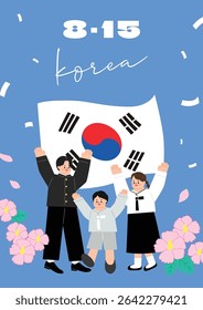 Women, men and children cheering with happy expressions on Korean national holiday Liberation Day, August 15. Hand drawn illustration.