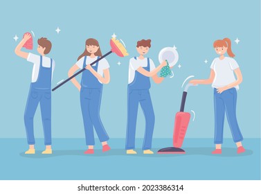 women and men cleaning set