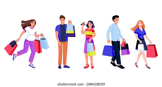 Women and men with colorful shopping bags. Young happy standing and walking people with presents. Vector flat cartoon characters illustration set isolated on white background