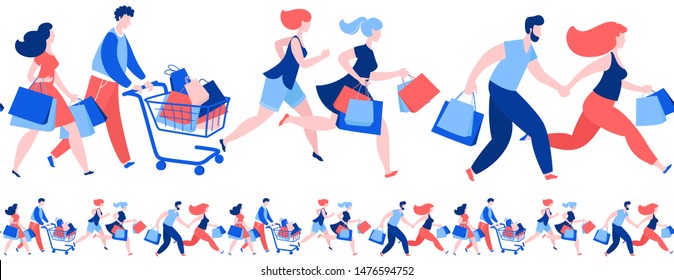 Women and men crowd running with purchase buy paper bags . Summer sale discount black friday start . Blue, pink, red colors on white background. Vector illustration flat style.