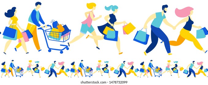 Women and men crowd running with purchase buy paper bags . Summer sale discount black friday start . Blue, pink, yellow colors on white background. Vector illustration flat style.