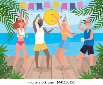 women and men dancing with party banner and plants