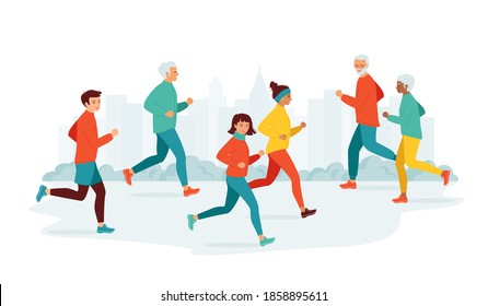 Women and men of different ages and nationalities run in the city park. Сoncept of an active healthy lifestyle, leisure. Morning, evening jogging. Collection of running people. Vector illustration