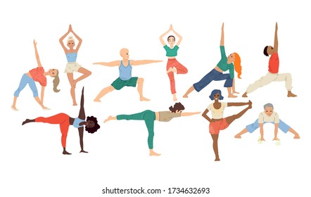 Women and men of different races play sports at home. Yoga, meditation, asana. Bright cute illustration, isolates on a white background. Clip art for design.