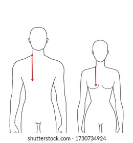 Women and men to do armscye depth measurement fashion Illustration for size chart. 7.5 head size girl and boy for site or online shop. Human body infographic template for clothes. 